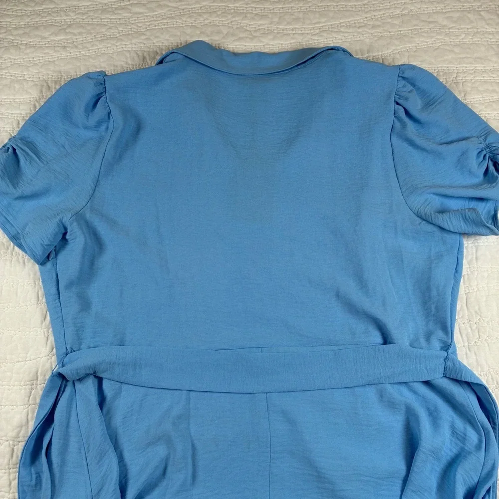 NEW DKNY Midi Dress 16 Blue Short Sleeve Belt V-Neck Collar Preppy Cottage Flowy